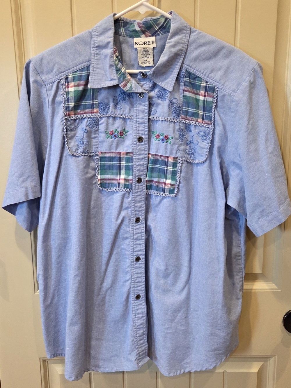 Vintage KORET Chambray Button Up Shirt Sz 20W Blue Plaid Patchwork Embroidered